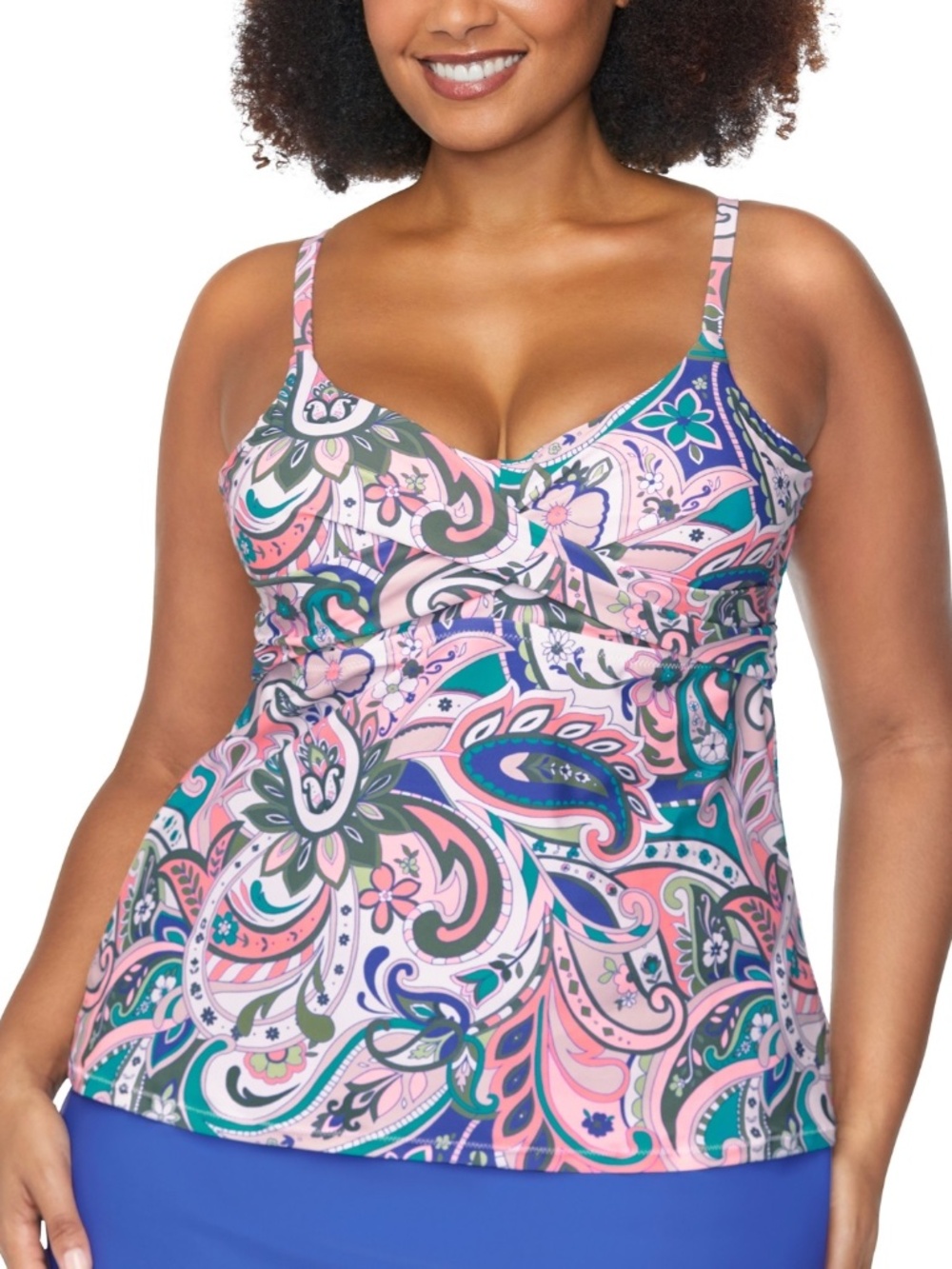 Crisscrossed at the front, this poolside-perfect plus size tankini top from Rais